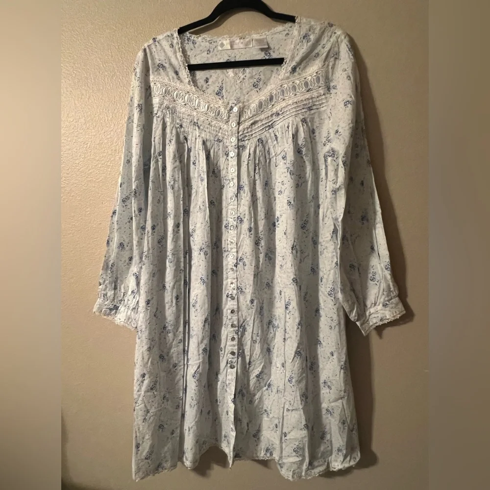 Eileen West Cotton blue Floral LS Long Nightgown cottagecore lace vtg - Picture 3 of 8